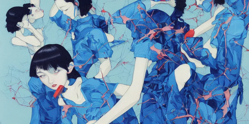 Image similar to perfect blue illustration by james jean and satoshi kon and erik jones, inspired by evangelion, smooth feature, intricate oil painting, high detail illustration, sharp high detail, international klein blue