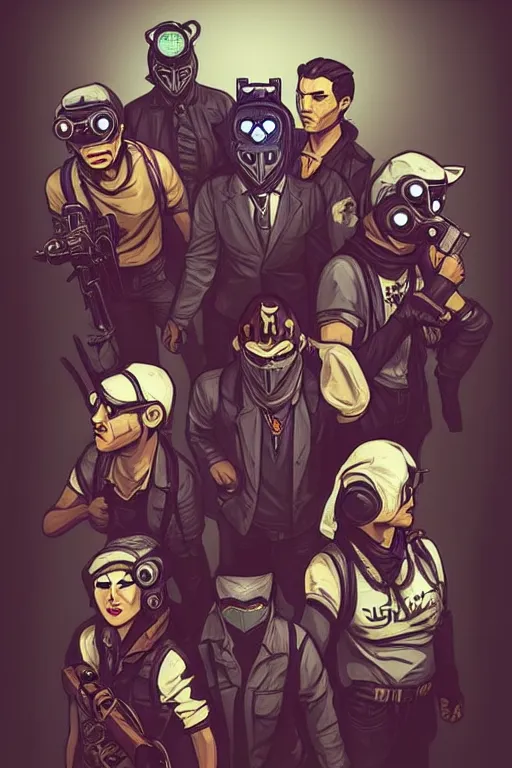 Image similar to 6 member from wolf gangs wear gray bandana, other people use wolf mask. pop art, pixel, bioshock infinite art style, gta chinatown wars art style, dynamic proportional, dynamic composition, face features, body features, ultra realistic art, digital painting, concept art, smooth, sharp focus, illustration, intricate, without duplication, elegant, confident posse.