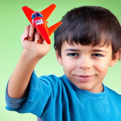 Prompt: boy holding airplane toy in his hand. hands, face, fingers. detailed, realistic, photorealistic.