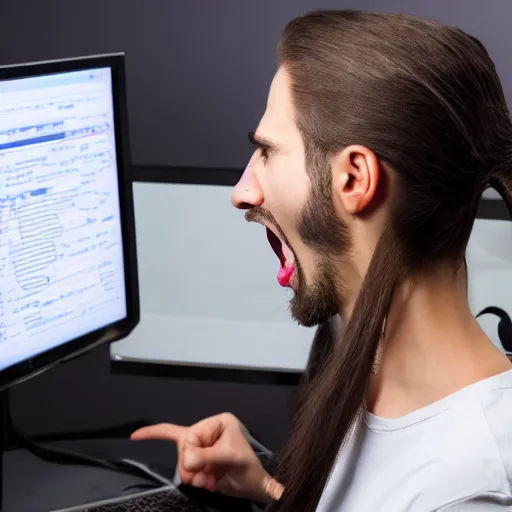 Prompt: Programmer nerd screaming at the computer, long hair and ponytail, realistic photo