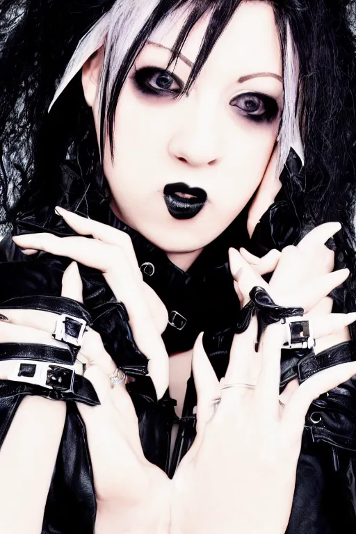 Image similar to photograph of a gothic 9 0 s visual kei vocalist, realistic, magazine photo, detailed leather clothing, big black hair