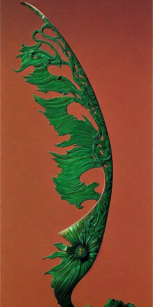 Prompt: a scimitar made from flower petals, elegant, copper and emerald inlay, brilliant, in the style of zdzisław beksinski