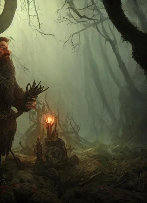 Prompt: Beautiful art portrait of a male fantasy dwarf in a dark temple surrounded by dead forest, atmospheric lighting, intricate detail, cgsociety, hyperrealistic, octane render, RPG portrait, ambient light, dynamic lighting