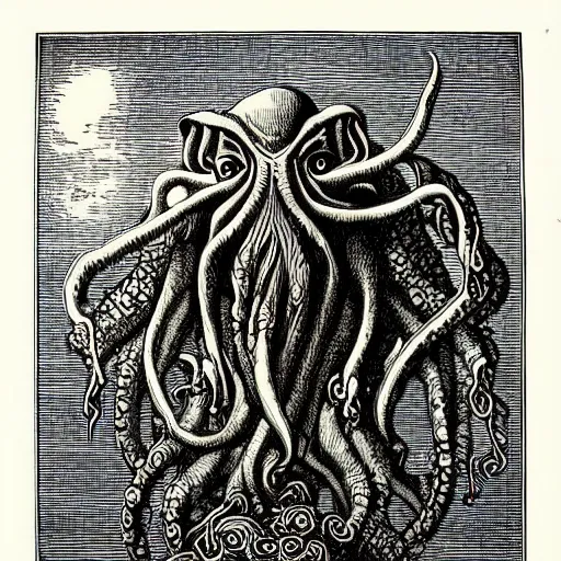 Prompt: a detailed woodcut of Cthulhu by Gustave Doré