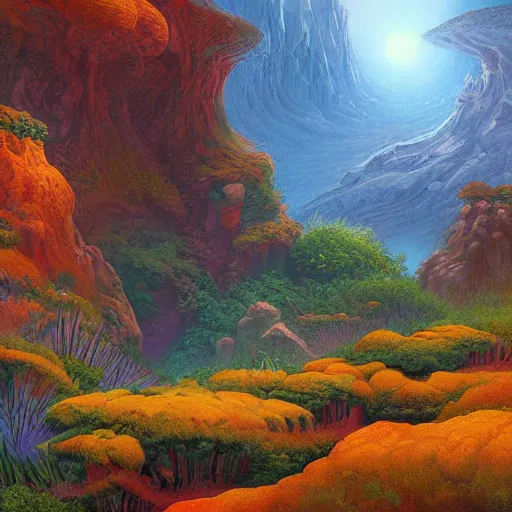 Prompt: digital painting of a lush natural scene on an alien planet by gerald brom. ultra sharp high quality digital render. detailed. beautiful landscape. colourful weird vegetation. cliffs and water.