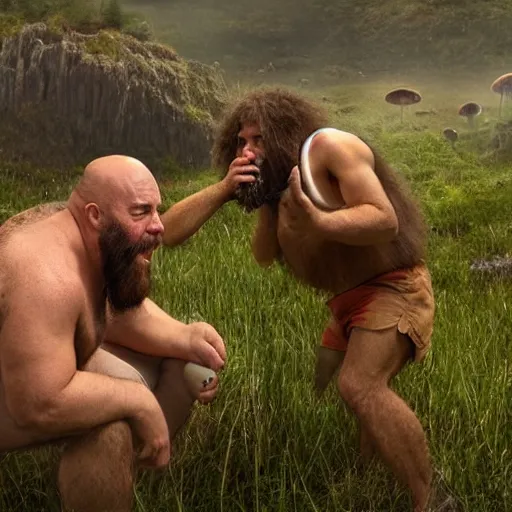 Image similar to caveman chugging a beer with joe rogan and alex jones frolicking around in a field of mushrooms smoking in real life, 8 k, 4 k uhd, realistic, hyper realistic, super detailed, very detailed, detailed