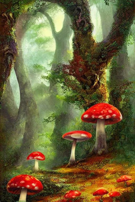 Prompt: digital painting detailed forest tree magical forest flowers mushrooms painted by John Harris