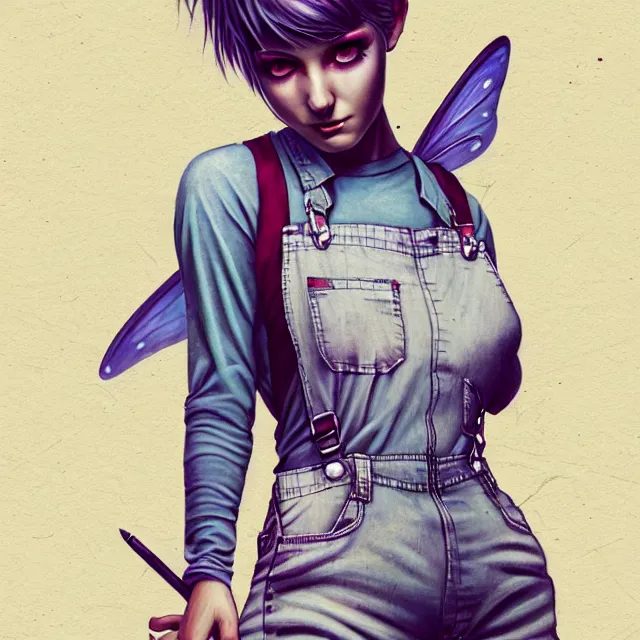 Image similar to full body pose, beautiful adult fairy, short white hair shaved sides, dirty, grungy, grunge, long sleeve, painted overalls, stacks of giant books, highly detailed, 4 k, hdr, smooth, sharp focus, high resolution, award - winning photo, artgerm, photorealistic