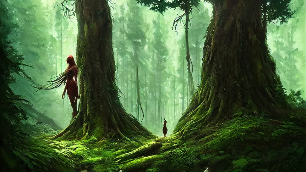 Prompt: a queen of the forest, lost in the forest, detailed digital art by greg rutkowski.