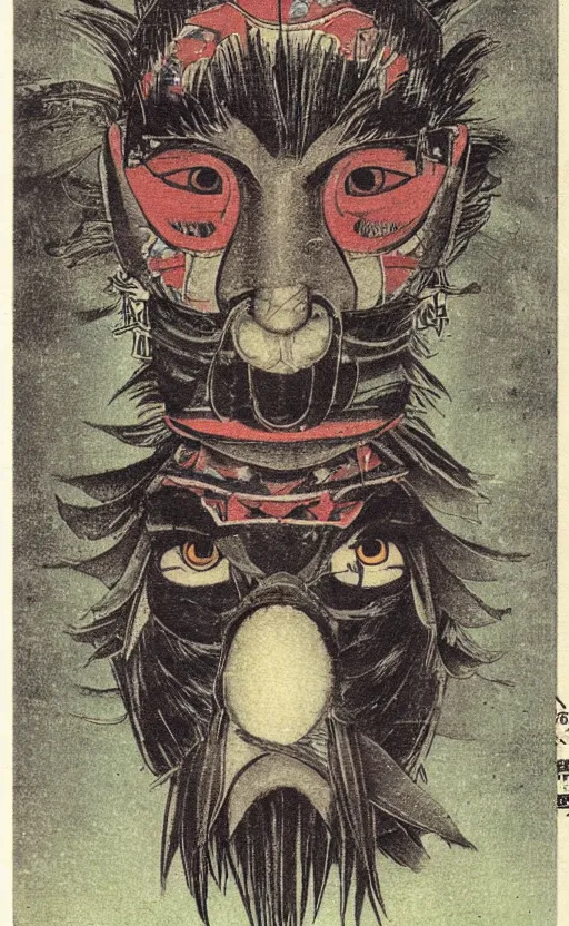 Image similar to by akio watanabe, manga art, portrait of festival tengu mask, abandoned japaense village, trading card front