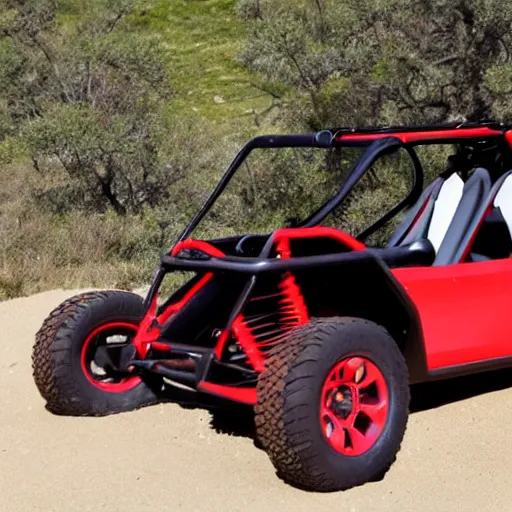 Image similar to tesla dune buggy, all terrain tires, red seats