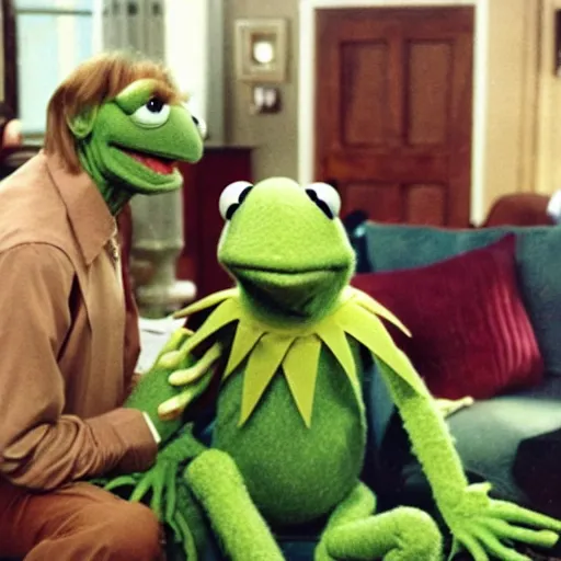 Prompt: kermit the frog and alf the alien aka gordon shumway expressing deviant activity in living room