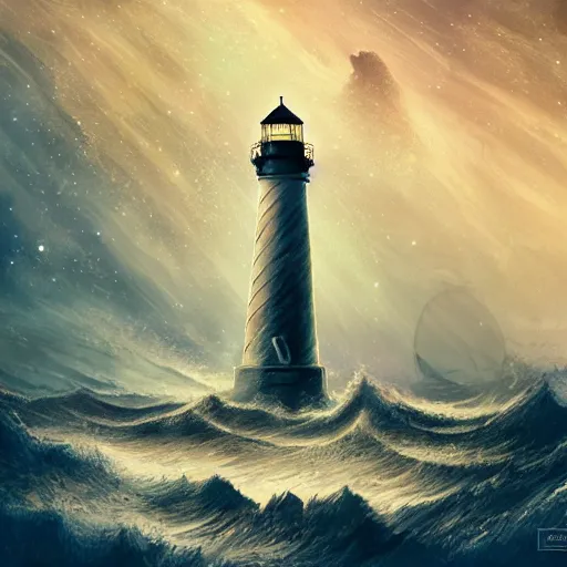 Image similar to the lighthouse in the middle of the galaxy , wide angle shot, diffuse lighting, fantasy, intricate, elegant, highly detailed, lifelike, photorealistic, digital painting, illustration, concept art, smooth, sharp focus, A24!film cinematography