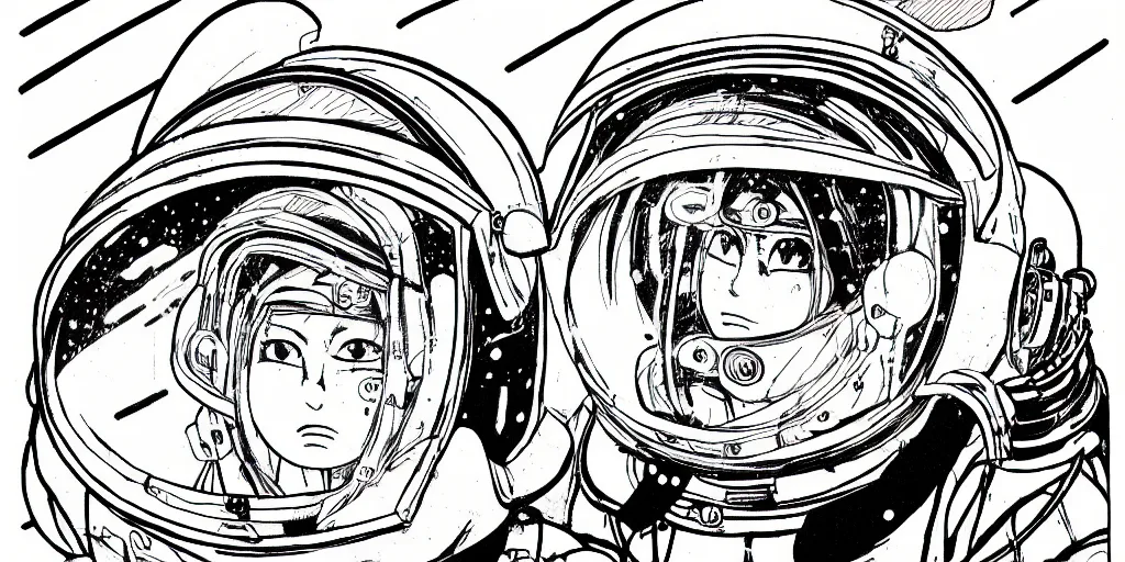 Image similar to manga portrait of a woman wearing a space helmet, akira toriyama, lineart, black and white, scifi, big clouds visible in the background, stars in the sky, high contrast, deep black tones