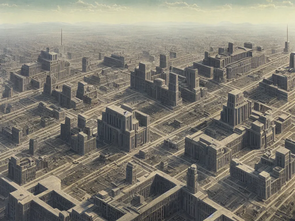 Image similar to matte painting by fan wennan. future capitol of the american communist party shining in the sun after the triumph of socialism in america, hyperdetailed, cinematic, photorealistic, hyperrealism, masterpiece, humble rectangular communist governmental architecture, statue, imposing, strength, abundance. aerial view. america 2 0 9 8