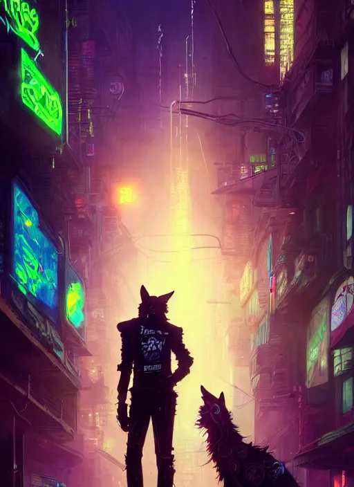 Image similar to anthropomorphic coyote character wearing black cyberpunk skater clothes with neon highlights in a cyberpunk city. Renowned character illustration by greg rutkowski, thomas kindkade, alphonse mucha, loish, norman rockwell. Trending on artstation 4k. Highly detailed. Digital art.