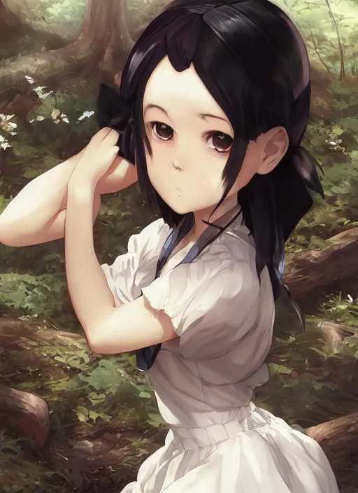 Image similar to a close up of a victorian maid with black bob hairstyle sitting in a forest. cute anime eyes. by makoto shinkai, stanley artgerm lau, wlop, rossdraws, james jean, andrei riabovitchev, marc simonetti, krenz cushart, sakimichan, trending on artstation, digital art.