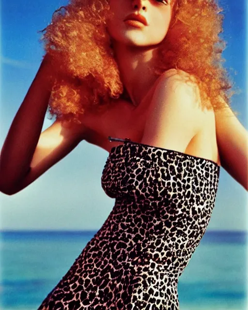 Image similar to a beautiful professional photograph by herb ritts, arthur elgort and ellen von unwerth for vogue and harper's bazaar magazines of a very beautiful lightly freckled and unusually attractive female fashion model