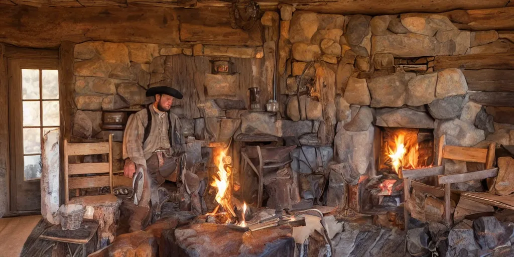 Prompt: in an old west cabin, a rugged cowboy stands at his fireplace, in the style of Fredrick Remington