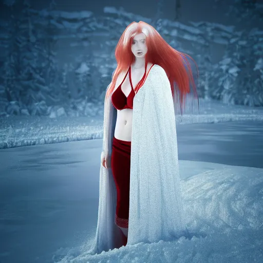 Prompt: winter night, snow, beautiful red haired pale goddess of ice wearing bikini top and long cloak, diamond necklace, long hair, symmetric face, single face, full body, photography, octane render, cinematic, 3 0 mm, 8 k