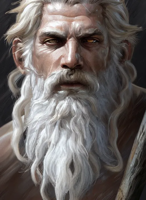 Image similar to painted portrait of rugged zeus, god of thunder, greek god, white hair, masculine, mature, handsome, upper body, muscular, hairy torso, fantasy, intricate, elegant, highly detailed, digital painting, artstation, concept art, smooth, sharp focus, illustration, art by gaston bussiere and craig mullins
