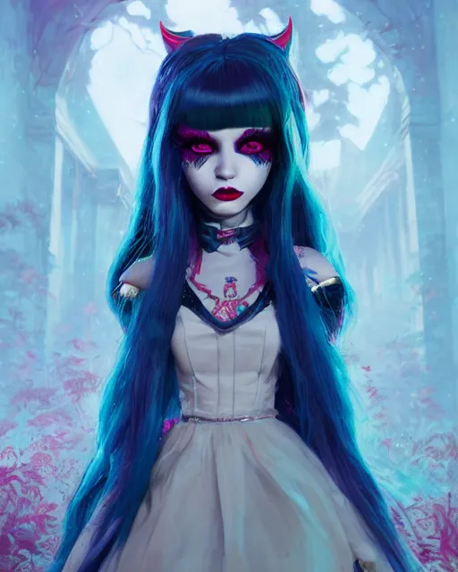 Image similar to portrait of monster high doll, stephen bliss, unreal engine, by greg rutkowski, loish, rhads, makoto shinkai and lois van baarle, ilya kuvshinov, rossdraws, global illumination, radiant light, detailed and intricate environment, pastel lighting