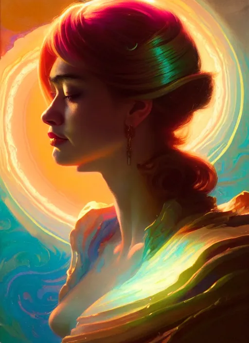 Image similar to side portrait, imogen poots, paladin, fantasy, gloomhaven, luminescent, tarot, organic painting, colorful swirly ripples, gaudy colors, by greg manchess, huang guangjian, gil elvgren, sachin teng, greg rutkowski, jesper ejsing, ilya kuvshinov