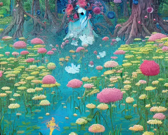 Prompt: a painting of a lake in a flower forest, a photorealistic painting by james jean, behance contest winner, fantasy art, made of flowers, concept art, 2 d game art by victo ngai, geof darrow, peter mohrbacher, johfra bosschart, miho hirano