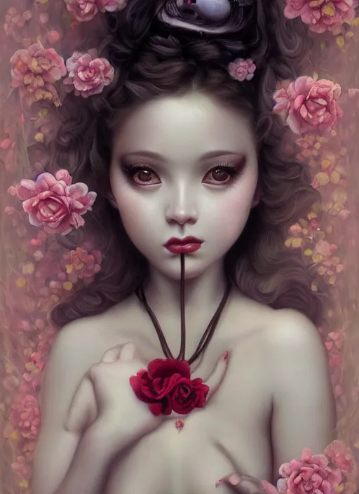 Image similar to pop surrealism, lowbrow art, realistic seductive cute woman painting, body harness, japanese shibari with flowers, hyper realism, muted colours, rococo, natalie shau, loreta lux, tom bagshaw, mark ryden, trevor brown style,