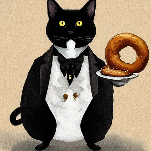 Image similar to a black fat cat on a tuxedo holding a bagel!, trade offer meme, art by greg rutkowski