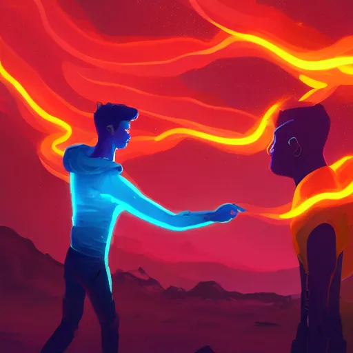 Prompt: fiery prometheus gives a glowing computer to a man who reaches for it with arm outstretched, glowing binary code, bioluminescence, digital painting bioluminance alena aenami artworks in 4 k design by lois van baarle by sung choi by john kirby artgerm style pascal blanche and magali villeneuve