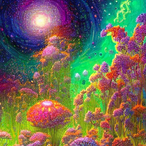 Image similar to oil on canvas of a beautiful spacescape of a garden on an new alien planet. full of strange multicoloured holographic alien plants and flowers. beautiful. mysterious. intricately detailed. meticulously rendered. epic. 4 k hd. trending on art station. in style of james r eads. glitter. h 6 4 9