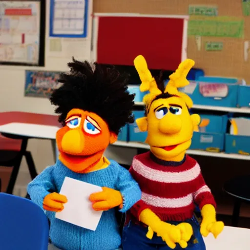 Image similar to bert & ernie as community college professors best friends