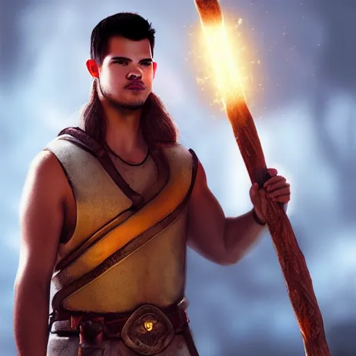 Prompt: Taylor Lautner wearing a barbarian tunic holding a glowing magical staff. Trending on Artstation, octane render, ultra detailed, art by Ross tran