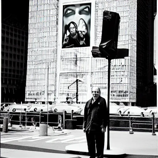 Prompt: bruce campell wearing the jokers make - up and is posing on time - square, photography, kodak portra, desaturated, by vito acconci