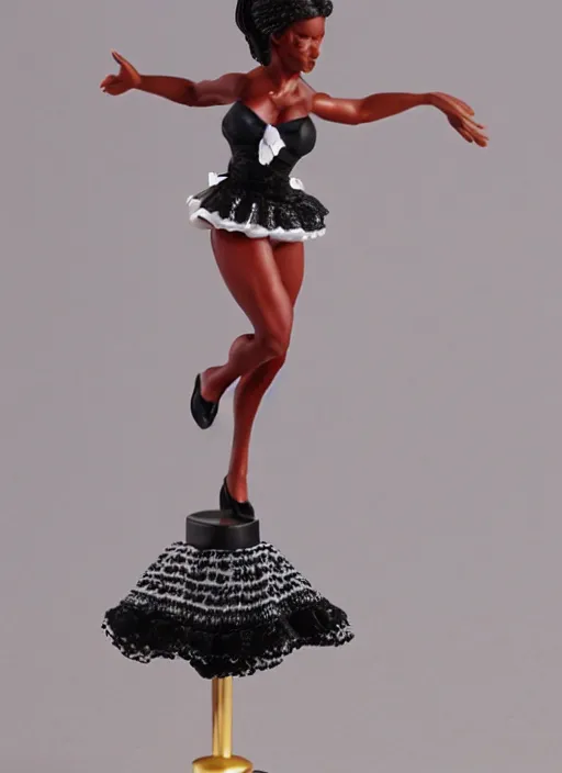 Image similar to Product Introduction Photos, 4K, Long view, Full body, 80mm resin detailed miniature of a Muscular Black Woman in white and lacy ruffled mini-skirt