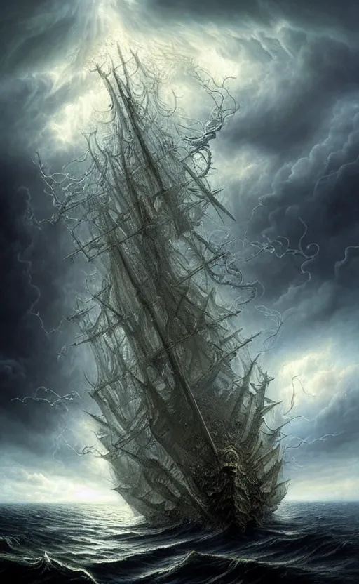 Image similar to the voyage of life, storm on the sea of galilee, huge clouds in the form of a dendritic cthulhu, an epic pirate ship, dappled silver lighting, atmospheric, highly detailed, by igor morski, jacek yerka, alexander jansson, james christensen, tomek setowski