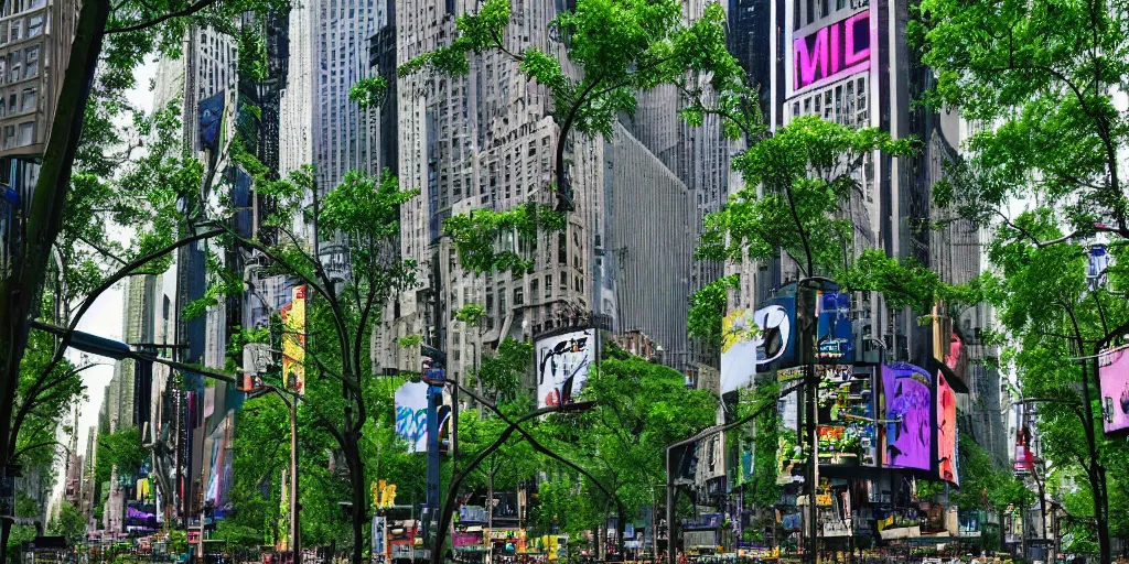 Image similar to new york, time square but on every screen there is a forest, overgrown with plants, natural lighting, beautiful composition