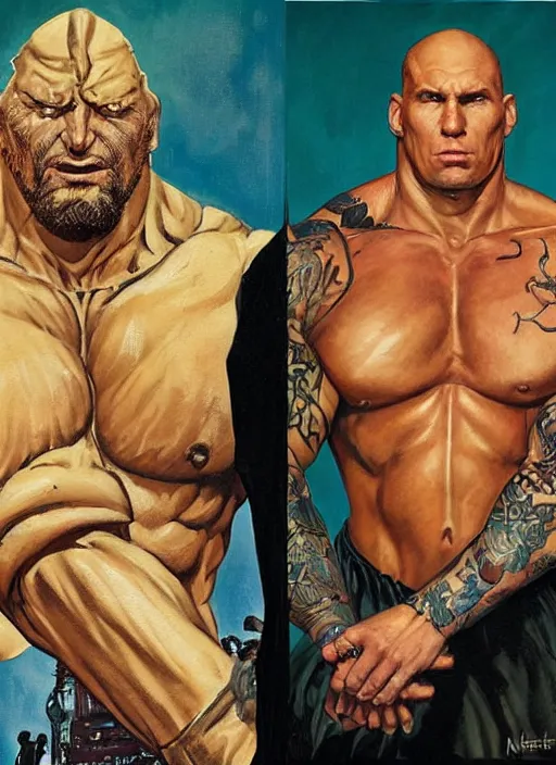 Image similar to full body and head portrait of martyn ford wearing a trench coat vs dave bautista as juggernaut, painted by norman rockwell and phil hale and greg staples and tom lovell and frank schoonover and jack kirby