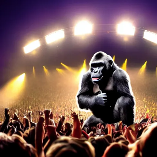 Prompt: a gorilla singing into a microphone as large crowd of people scream, at an outdoor night time stadium concert. highly detailed. wide angle