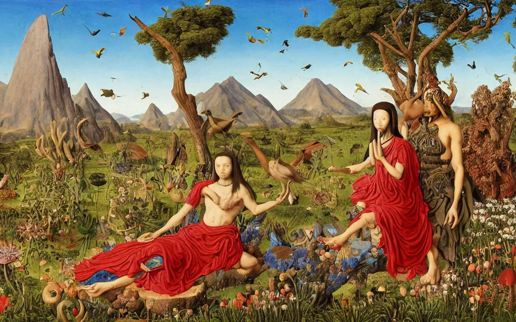Image similar to a portrait photograph of a meditating sphinx and a centaur king riding birds at a wide river delta. surrounded by bulbous flowers, animals, trees and mushrooms. mountain range under a vast blue sky of burning stars. painted by jan van eyck, max ernst, ernst haeckel and artgerm, cgsociety, artstation, fashion editorial