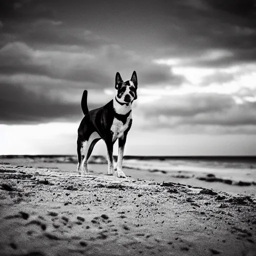 Image similar to black and white photograph of a dog that is a king in the beach