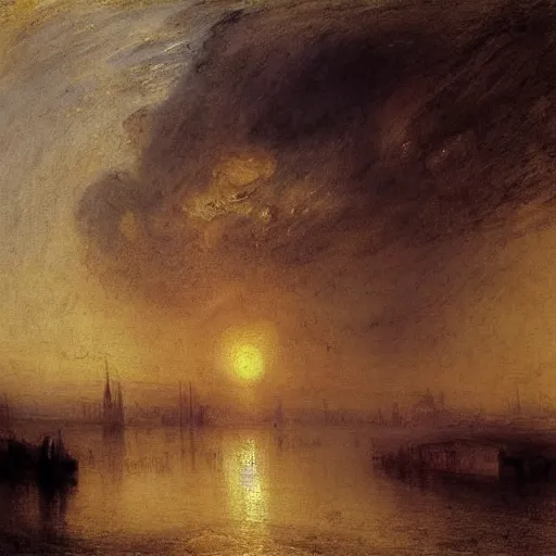 Prompt: sunrise over the river, william turner, english romanticism painter
