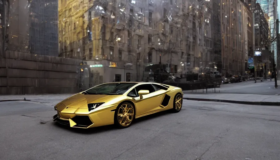 Prompt: A golden Lamborghini with green tire covers, in a bright city, white underglow, night time, ray tracing, arcane bloom, bright shimmer,