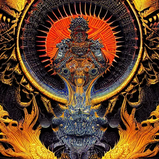 Prompt: detailed sun God Apollo, by Hokusai and James Gurney, Black paper with intricate and vibrant chromatic line work Tarot Card, Mandelbulb Fractal, Full of glowing red layers, Portrait, Trending on Artstation, Incredible gold and black gothic illustration