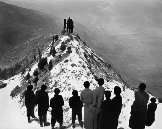 Image similar to a group of people standing on top of a mountain, a black and white photo by Sergio Larraín, featured on flickr, remodernism, movie still, criterion collection, 1920s