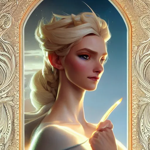 Image similar to elsa, intricate, highly detailed, digital painting, artstation, concept art, smooth, sharp focus, illustration, unreal engine 5, 8 k, art by artgerm and greg rutkowski and alphonse mucha