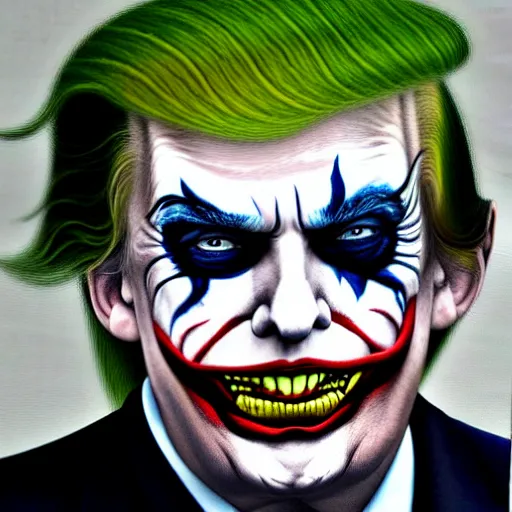 Image similar to donald trump with his face painted like the joker, oil painting, detailed, realistic,