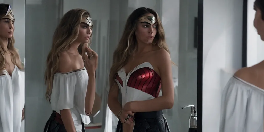 Image similar to ultra wide angle photo of cara delevinge dressed in a white blouse and black dress pants as diana prince looking at herself in a bathroom mirror and seeing her reflection as wonder woman