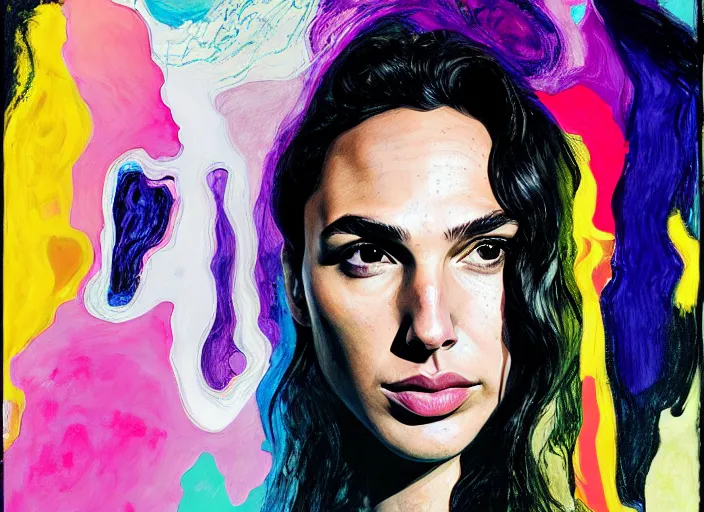 Image similar to portrait of gal gadot, by vincent lefevre and hernan bas and pat steir and hilma af klint, psychological, photorealistic, dripping paint, washy brush, rendered in octane, altermodern, masterpiece